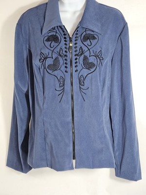 Vtg Sherri Martin Blazer Full Zip Blue W/Black Embroidery Sz 14 EUC Long Sleeves