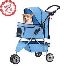 Pet Stroller 3-Wheel Foldable Dog Cat Carrier w/ Liner Basket Blue