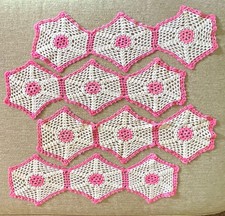 Handmade White & Pink Hand Crocheted Hexagon Doily Set Decorative Lace