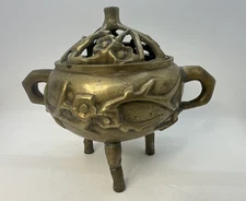 Vintage Chinese Bronze lidded Incense Burner Censer Flower Blossom & Tree Design