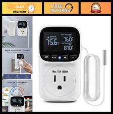 Digital Temperature Controller Thermostat Plug -40 F to 210 F, 15A, LCD Display,