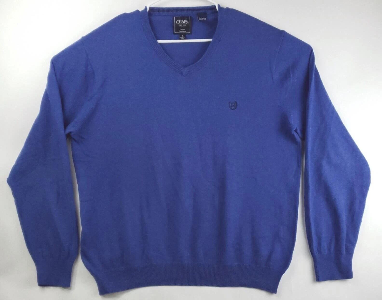 Chaps Sweater Mens Large Blue Cashmere Cotton knit Long Sleeve V-Neck Pullover