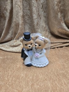 Vintage Teddy Bear Cake Topper Wedding Bride Groom 70s Homco 1424 Top Hat 3.5"
