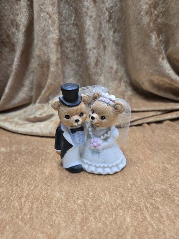 Vintage Teddy Bear Cake Topper Wedding Bride Groom 70s Homco 1424 Top Hat 3.5"