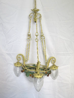 Lustre Style Florelae Art Nouveau Fer Forgé Vintage Fleurs Verre B26 - Photo 1/4