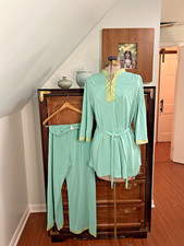 Vintage 1960s LORRAINE aqua gold nordic snowflake trim pajama set palazzo S 34