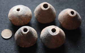 5 large old, pottery loom weights