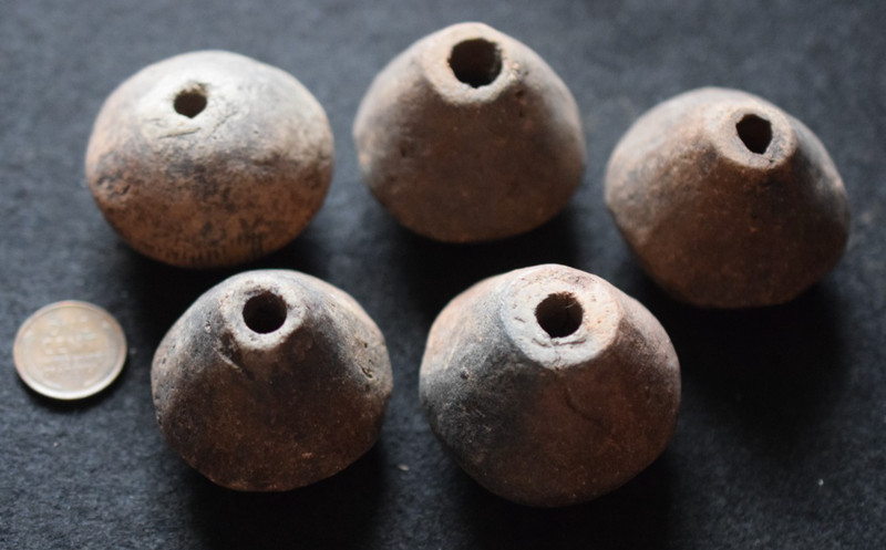 5 large old, pottery loom weights