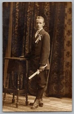 Boy Youth Graduate Confirmation Studio Portrait RPPC Postcard 1913 Real Photo