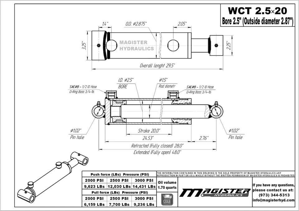 Hydraulic Cylinder Welded Double Acting 2.5" Bore 20" Stroke Cross Tube 2.5x20 - Image 2 of 4