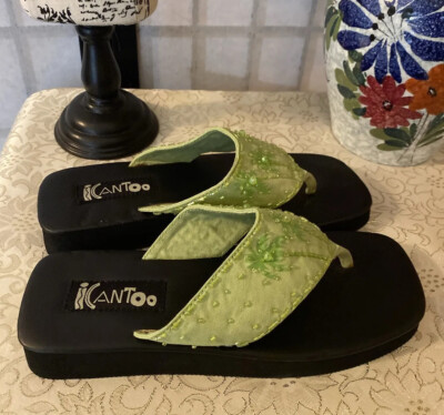 ICanToo/I Can Too Beaded Satin Green Palm Tree Platform Thong Sandals Women 8
