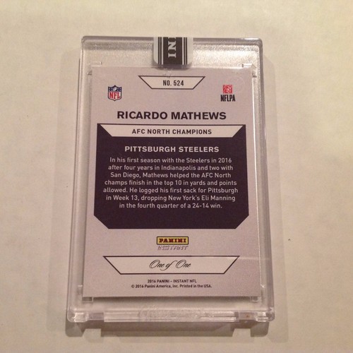 Ricardo Mathews RC #524 Steelers Cincinnati 2016 Panini Instant Black 1/1 made - Picture 2 of 2