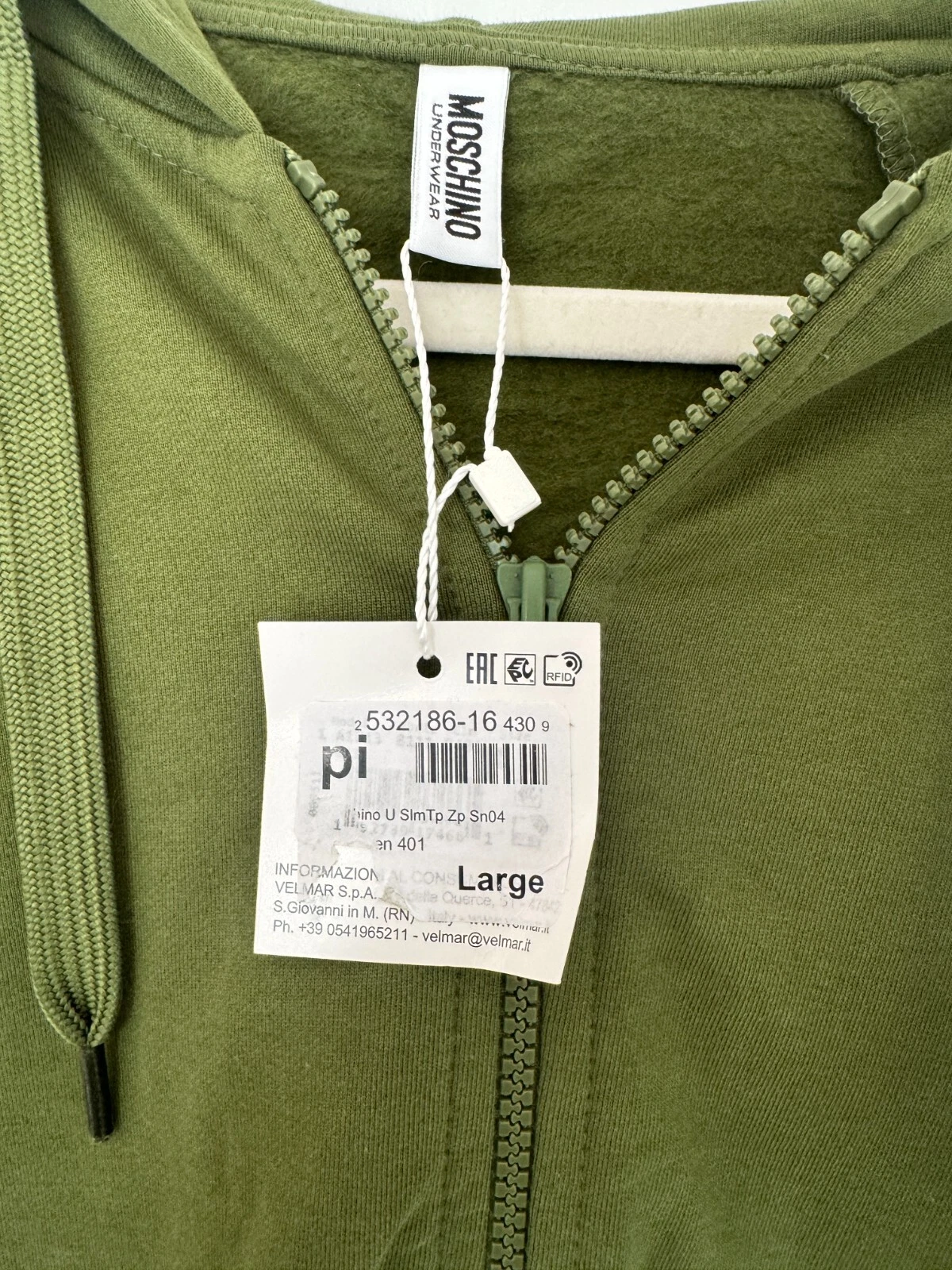 Felpa con cappuccio e zip Moschino intimo uomo verde kaki nuova con etichette taglia large prezzo consigliato £105
