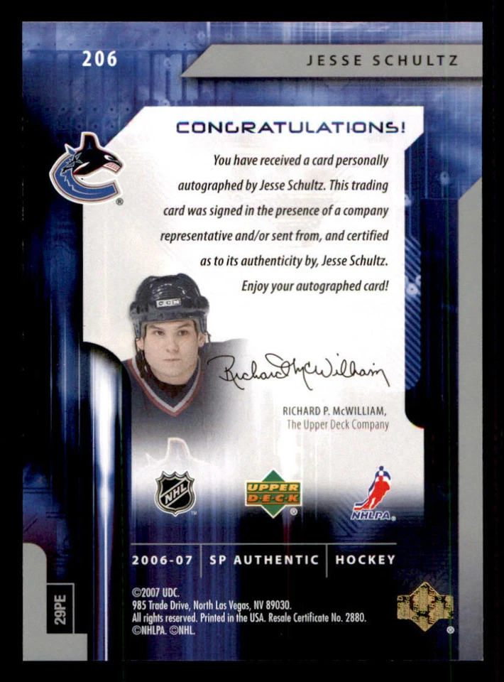 2006-07 SP Authentic #206 Jesse Schultz AU RC /999 (ref 240117) - Image 2 of 2