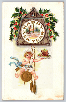 Postcard Happy New Year Child on Clock Pendulum Holly Ham Embossed Cukoo