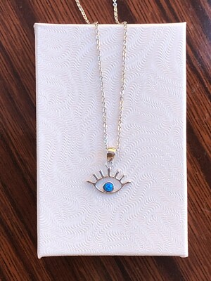 925 Sterling Silver Tiny Blue Opal Evil Eye Pendant Necklace Womens 12mm 
