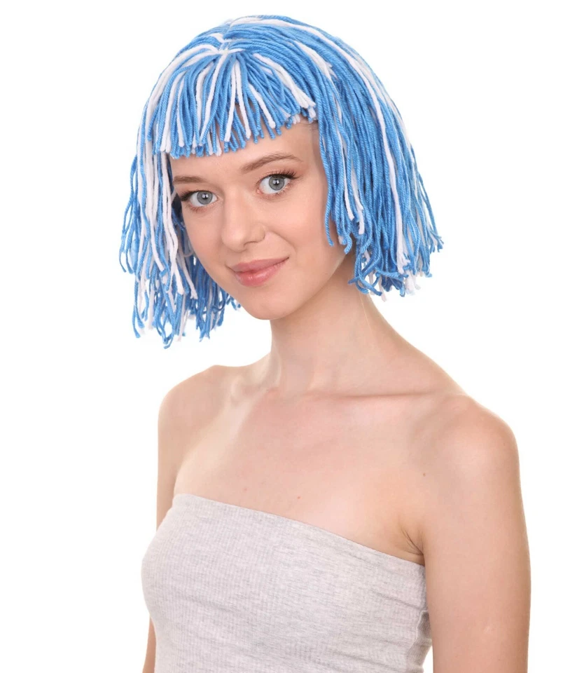 Adult Women's Short Blue and White Yarn Braided Doll Bob Wig, HW-6897A - Image 2 of 4