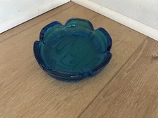 Vintage 70s Blue Glass Ashtray Catch All Trinket Tray Dish Pillar Candle Holder