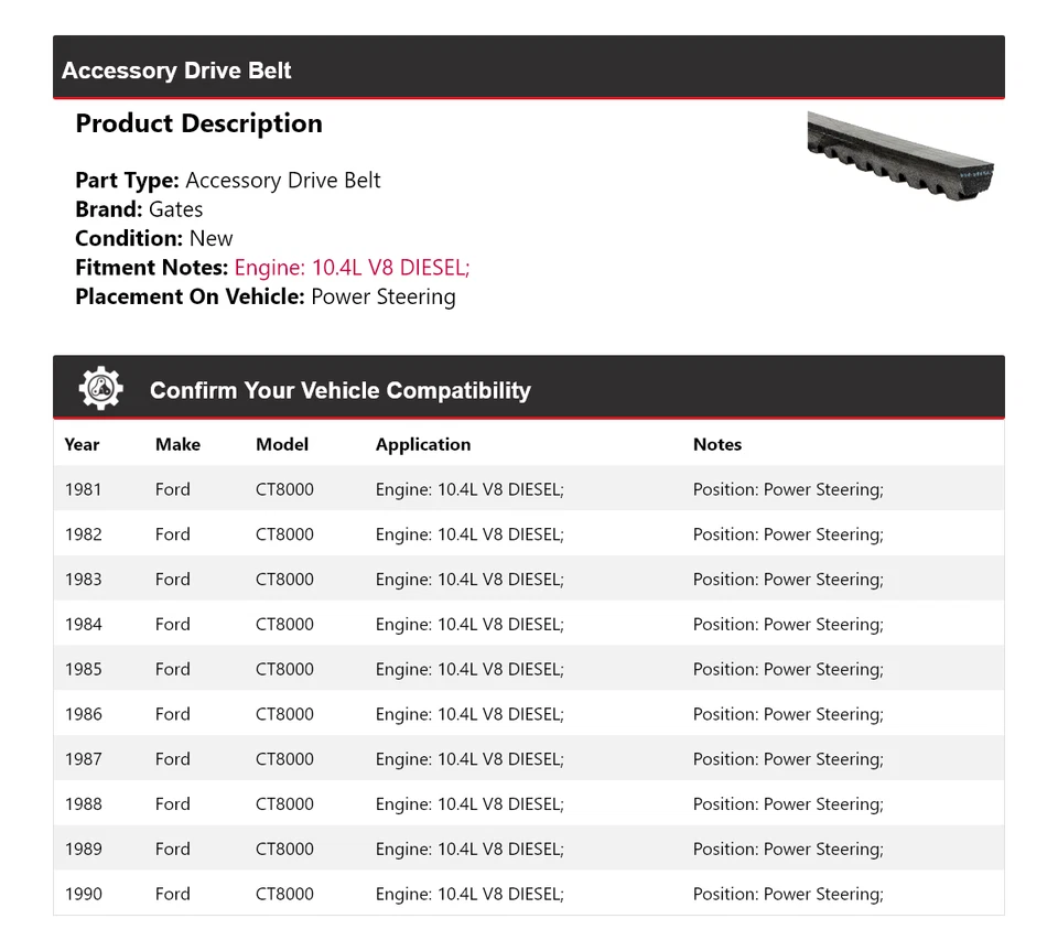 For 1981-1990 Ford CT8000 10.4L V8 DIESEL Drive Belt Power Steering Gates 1982 - Image 2 of 4