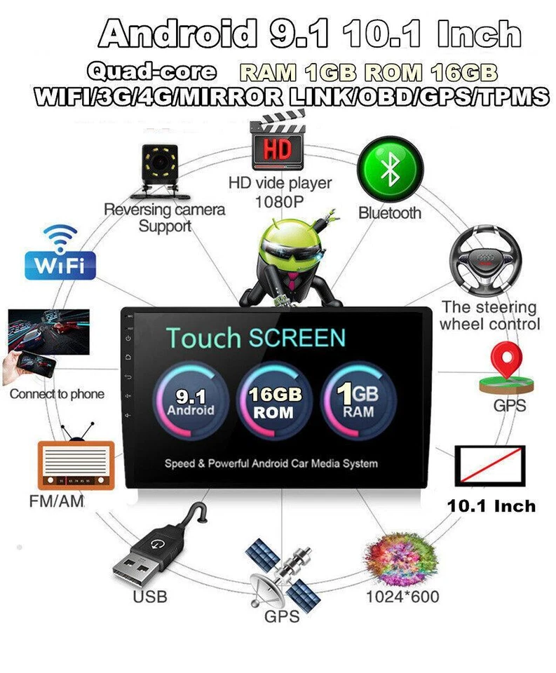 Android 9.1 Navegación Radio Reproductor Doble Din WIFI 10.1" 1+16G Coche Estéreo GPS Foto 2 de 4