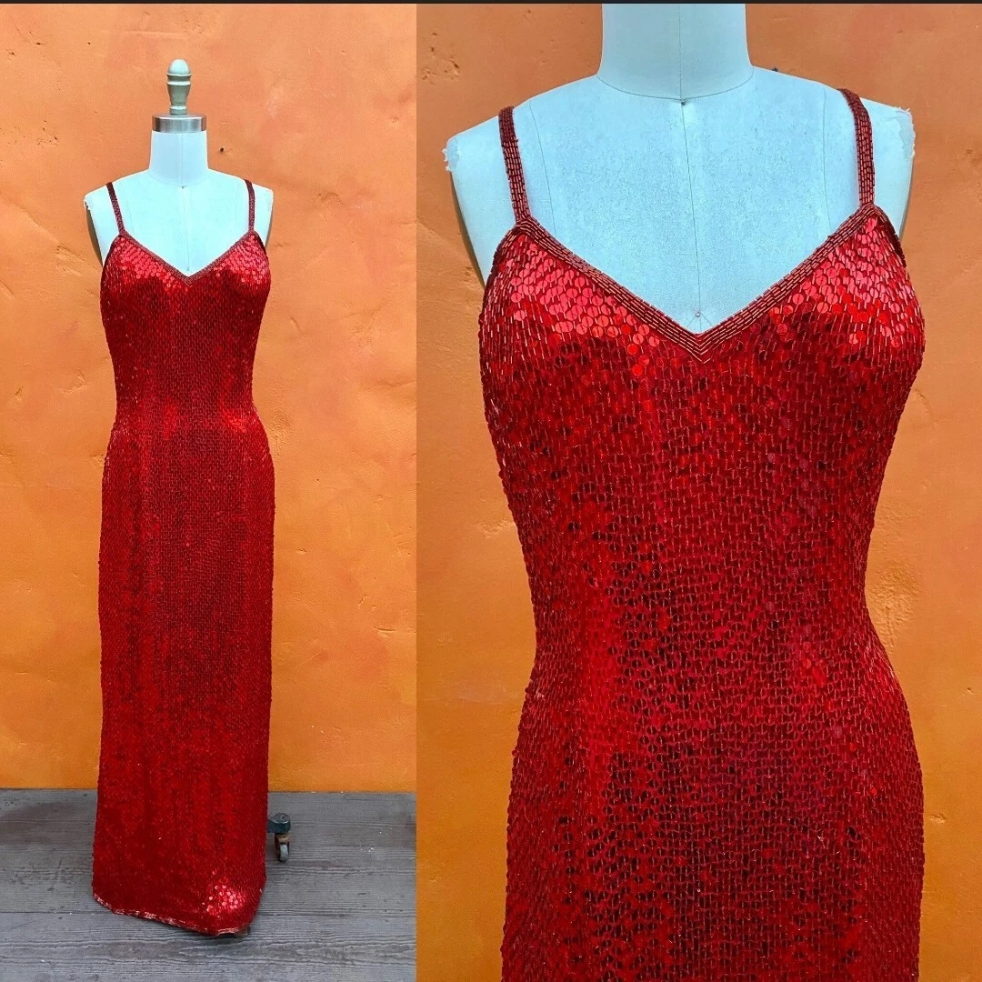 Stunning Vintage Red Sequin and Beaded Gown S M eBay