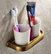 Wall Mounted Antique Brass Bathroom Toothbrush Holders Double Ceramic Cups