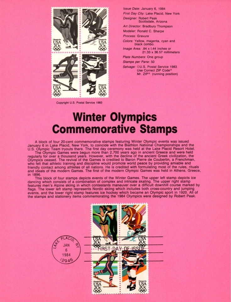 USPS FDC First Day Cover Souvenir Sheet Winter Olympics Block Of 4 Scott #2070A - Image 2 of 2