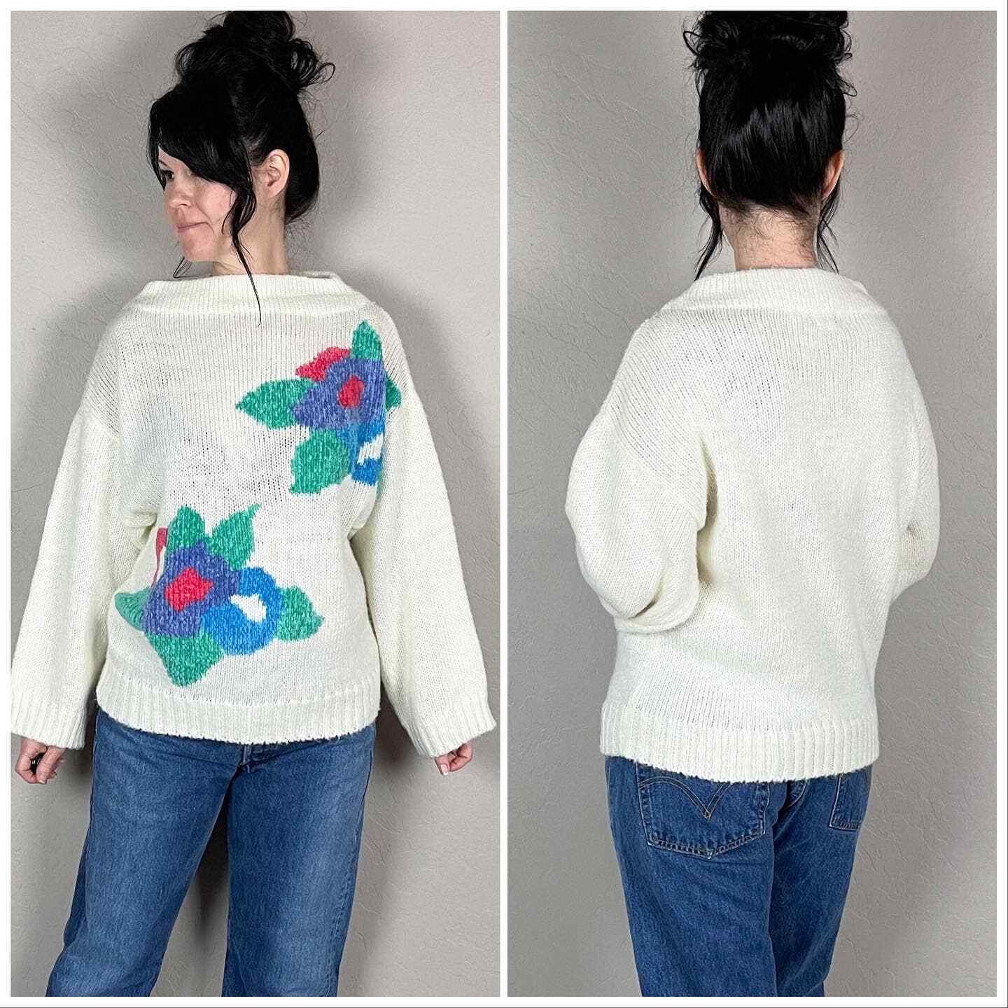 Vintage 1980s Chenille Floral Graphic Pullover Sweate… - Gem