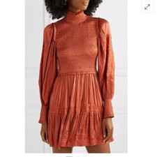 $665 Ulla Johnson Angelica Shirred Smocked Embroidered Satin Mini Dress Small
