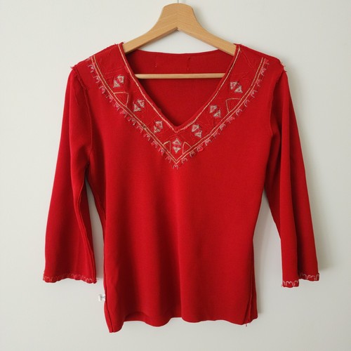 NWT Joseph A Womens Holiday Sweater Size L Red Embellished 3/4 Sleeve V-Neck - Picture 4 of 10