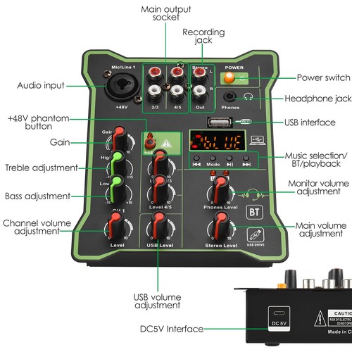 5 Channel Audio Mixer USB Interface 48V Phantom Power Reverb Bluetooth for DJ - Picture 8 of 10