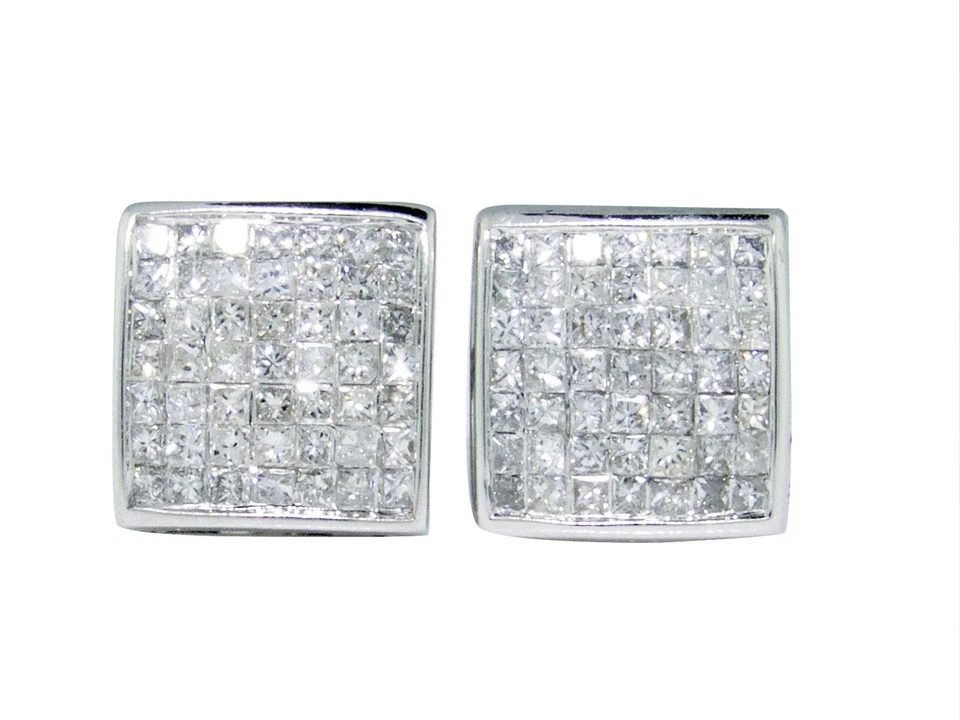 Mens Ladies 14K White Gold Bezel Princess But 8 MM Diamond Stud Earrings 3/4 Ct