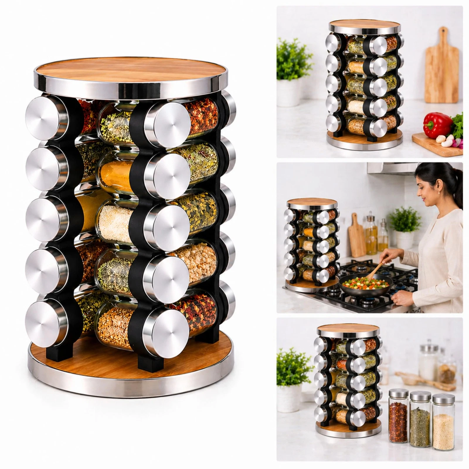 - Spice Jar Organizer with 20 Jars | Stainless Steel, Glass & Wood Rotating R...