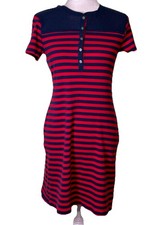 Women’s Red Navy Breton Striped Nautical Dress Henley Short Sleeve Casual Sz Med