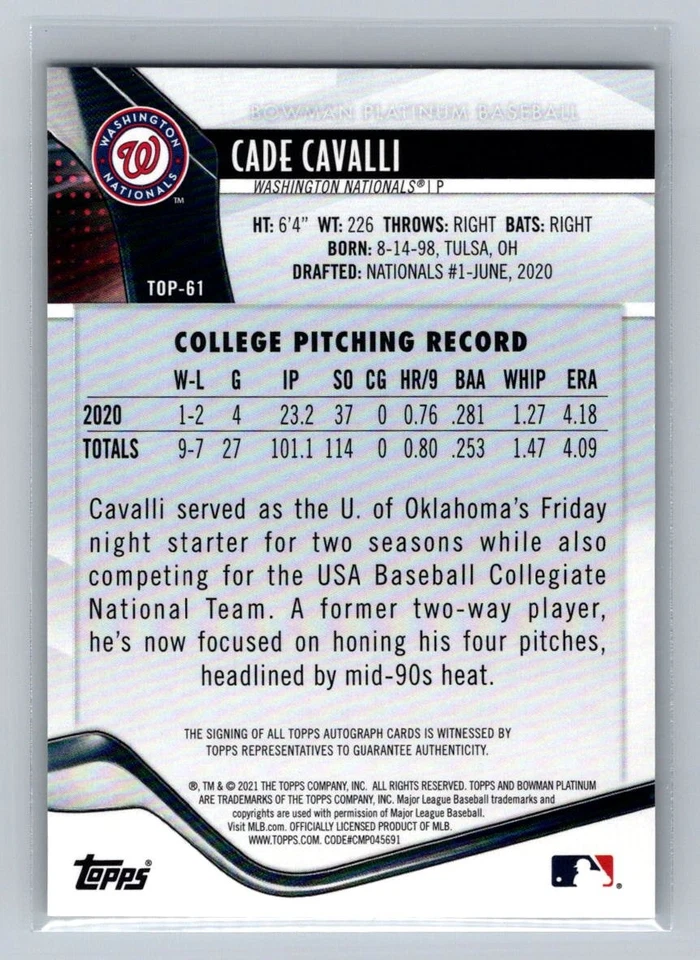 2021 Bowman Platinum #TOP-61 Cade Cavalli Autographs Pink SN /199 AU Auto - Image 2 of 2