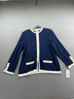 Mita Cardigan Sweater Womens 18 Navy Blue White Trim Zip Front Button Cuff USA
