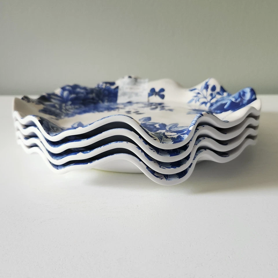 x4 Shabby Chic MELAMINE White Blue Flowers Salad Side Luncheon Plates Wavy Edge - Image 4 of 4