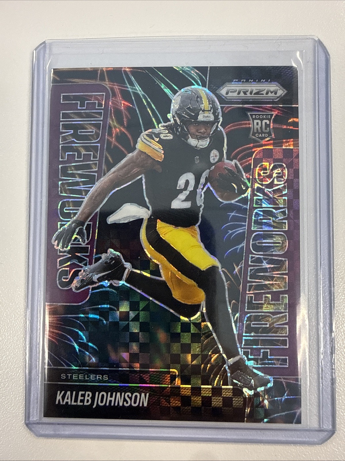 KALEB JOHNSON 2025 PANINI PRIZM FIREWORKS ROOKIE PURPLE POWER RC /49