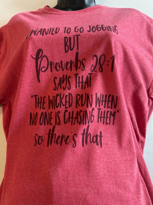 Funny Christian T-Shirt For Women – 'I Wanted To Go Jogging But Proverbs 28:1 Says...', Pink