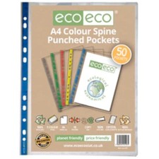 150 (3 packs) of multipunched FILE POCKETS,  - A4, COLOURED SPINE - ecoeco 107