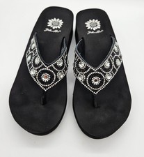 Yellow Box Power Black Rhinestone Wedge Flip Flops Platform Sandals Womens 6.5
