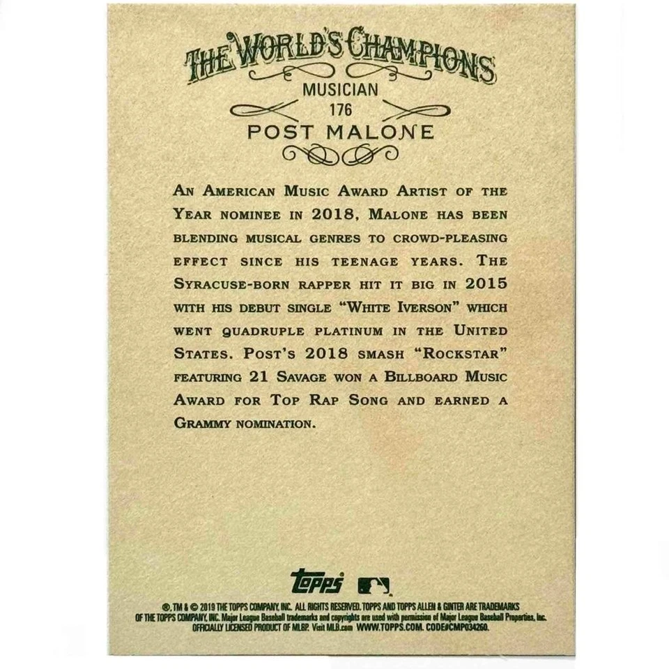 2019 Topps Allen Ginter X #176 rapper Post Malone RC black parallel Rookie Card - Image 2 of 2