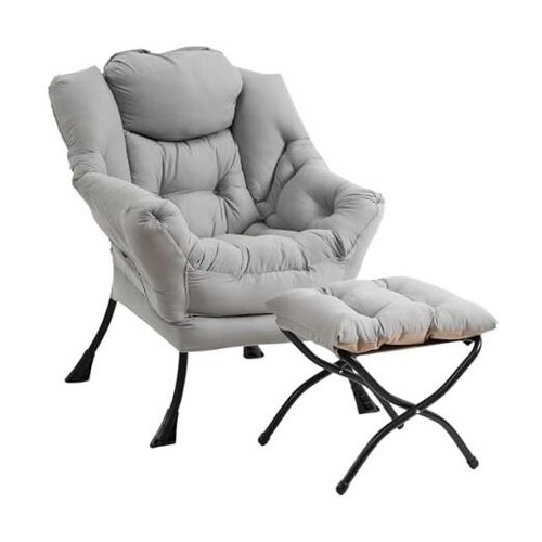 Lazy Chair with Ottoman, Modern Chair with Folding Footrest, Lounge Light Grey