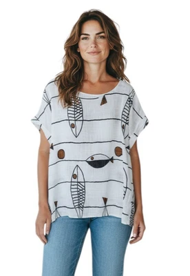 NEW LADIES ITALIAN QUIRKY LAGENLOOK FISH PRINT LIGHTWEIGHT COTTON CASUAL TOP - Image 1 of 3