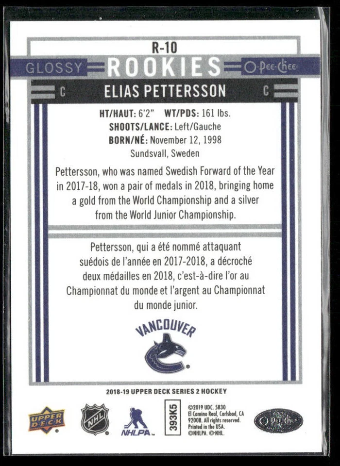 2018-19 U D #R-10 Elias Pettersson Vancouver Canucks OPC Glossy Rookies Card - Image 2 of 2