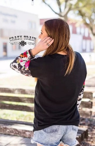 Crazy Train Kuh Leopard Rose Shirt langärmeliges Oberteil Kleidung FLower Blumenmuster schwarz - Bild 3 von 3