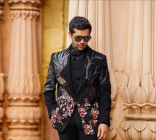 Men Designer 2Pc Black Customized Reindeer Embroidered Western Cocktail Outfit