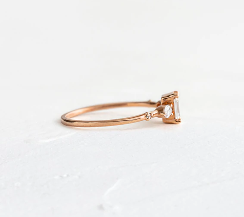 Vivid White Emerald & Marquise Shape CZ With 10K Rose Gold Three Stone Fine Ring - Picture 2 of 5