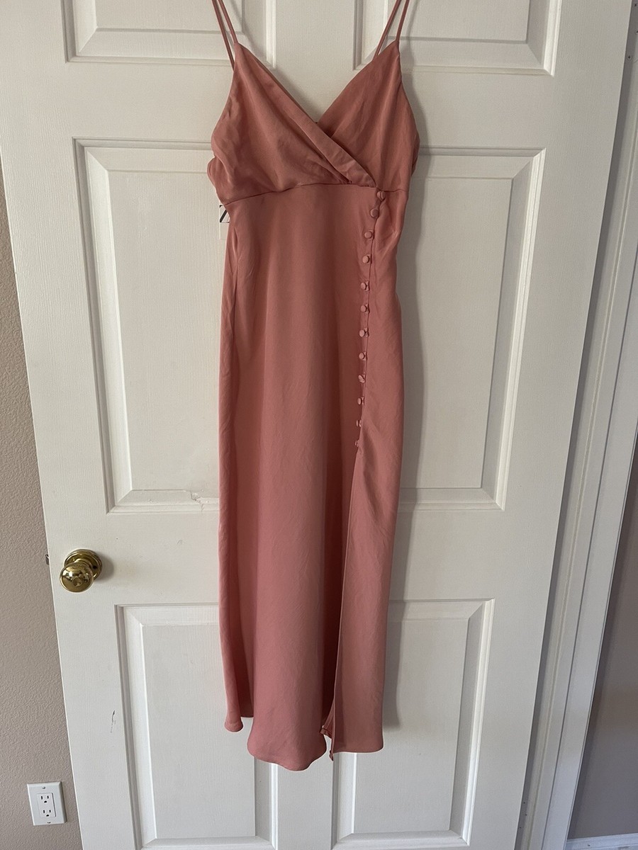 zara beige satin dress ZARA Buttoned Side Satin Slip Midi Dress BEIGE/PINK Size Small