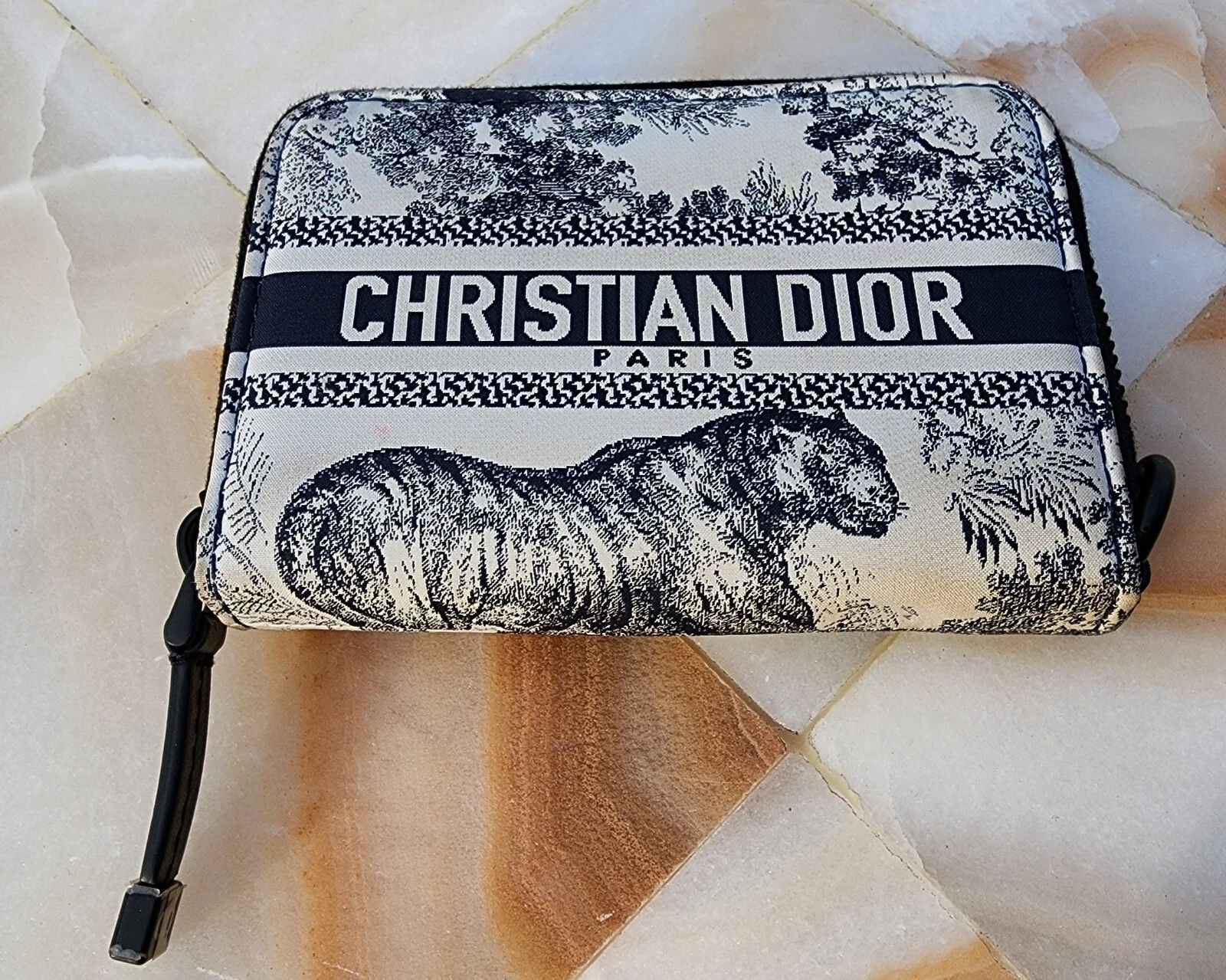 Christian Dior Tissu Technique Toile De Jouy Porte Carte Détachable Portefeuille Bleu